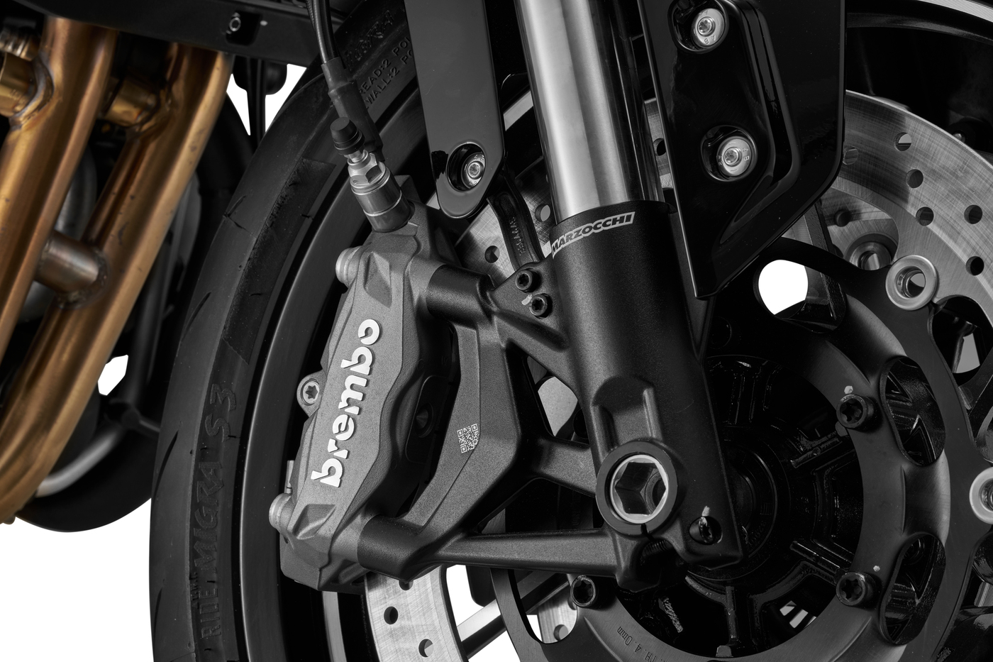 QJMOTOR SRK 600 PRO: Nahaufnahme des Brembo-Bremssattels und der gelochten vorderen Bremsscheibe.